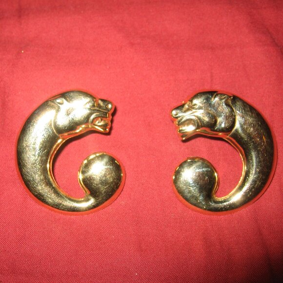 ❤️Stunning!  14K GOLD Panthere Panther Pierced with Omega Clip Earrings - Picture 8 of 8